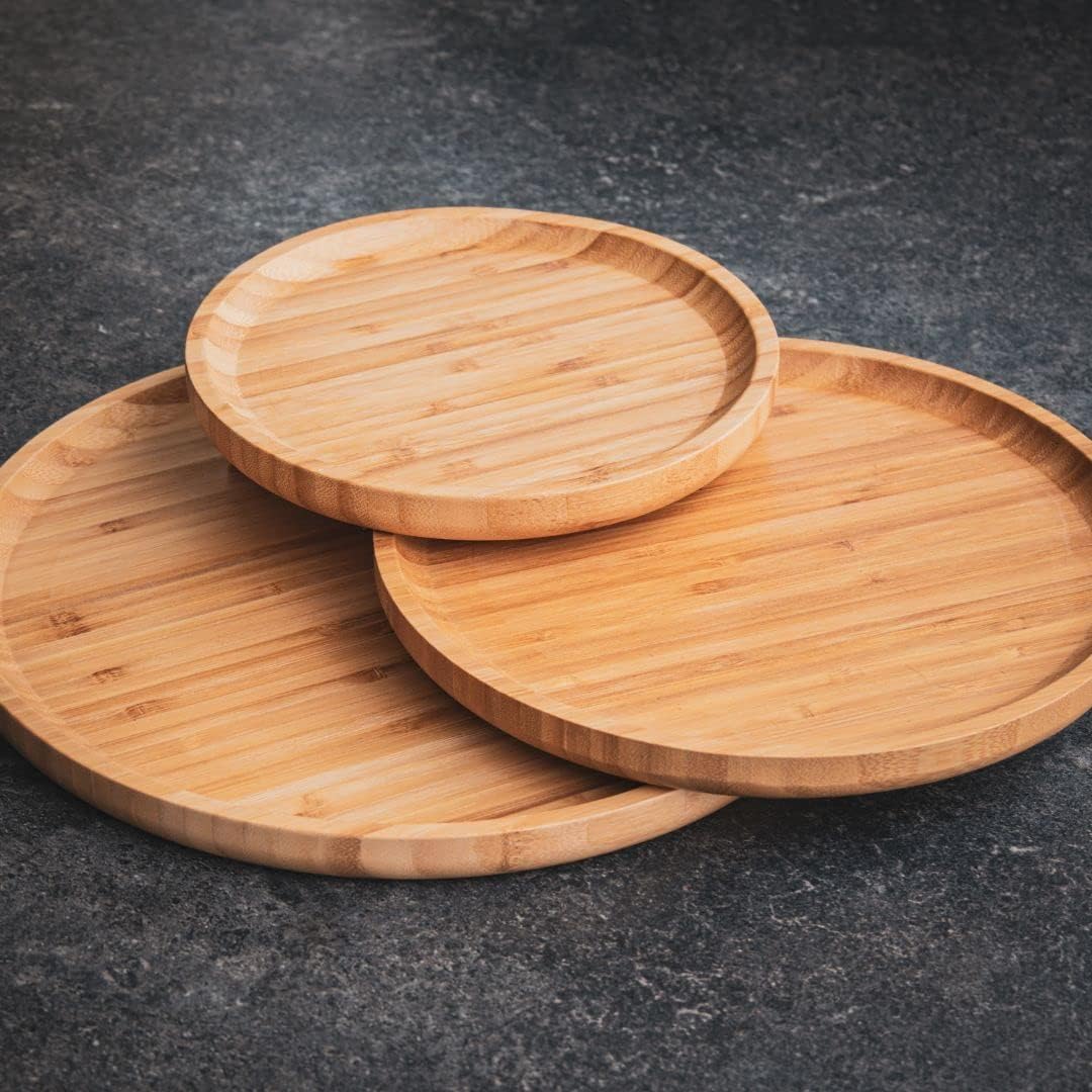 pandoo Wiederverwendbare Bambusteller | 100% Bambus Teller | Runde Holzteller, Bamboo Plates, Bambus