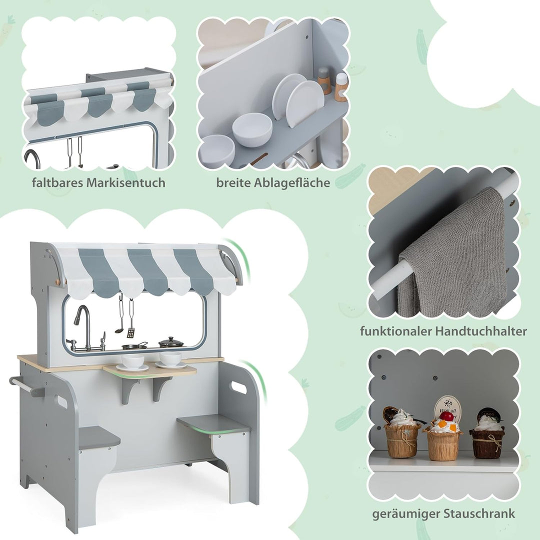 COSTWAY 2 in 1 Kinderküche mit Zubehör, Spielküche mit Restaurant zum Kochen &amp; Servieren, Holzküche