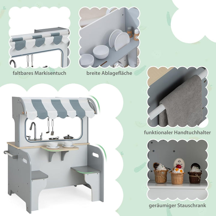 COSTWAY 2 in 1 Kinderküche mit Zubehör, Spielküche mit Restaurant zum Kochen &amp; Servieren, Holzküche