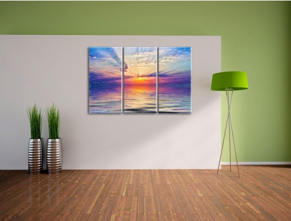 Pixxprint Einzigartiger Sonnenaufgang im Meer Bunstift Effekt 3-Teiler Leinwandbild 120x80 Bild auf
