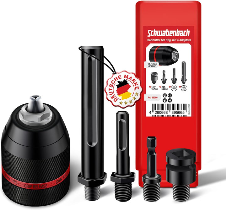 SCHWABENBACH ® Schnellspannbohrfutter Komplett Set 5tlg, 1,5-13mm 1/2-20UNF für Bohrmaschinen und Sc