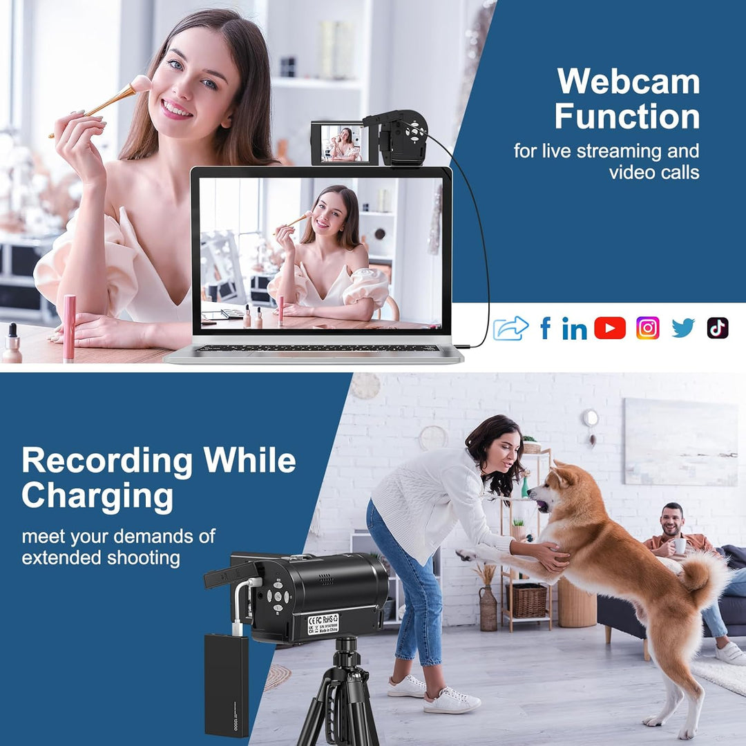 Videokamera 2.7K 56MP Camcorder 16X Digitalzoom Vlogging Camera mit LED-Fülllicht für YouTube, 2.8"