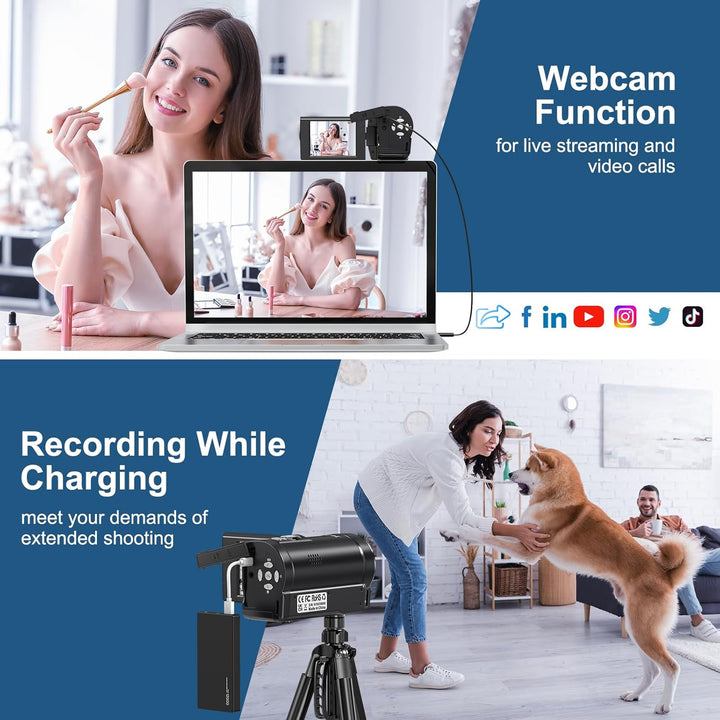 Videokamera 2.7K 56MP Camcorder 16X Digitalzoom Vlogging Camera mit LED-Fülllicht für YouTube, 2.8"