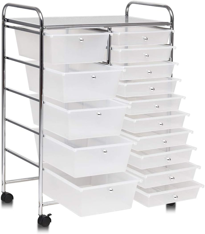 COSTWAY Rollwagen mit 15 stapelbaren Schubladen, Schubladenwagen Rollcontainer mit Metallgestell und