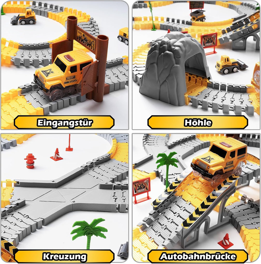 Jungen Autorennbahn ab 3 4 5 6 7 8 Jahre, 264 Stück 5 Cars Bagger Spielzeug Autorennbahn Rennbahn 2