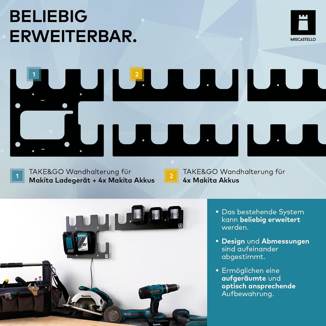 TAKE&amp;GO Wandhalterung für Makita Akkus und Ladegerät – mit cleverer Ladegerät-Befestigung für festen