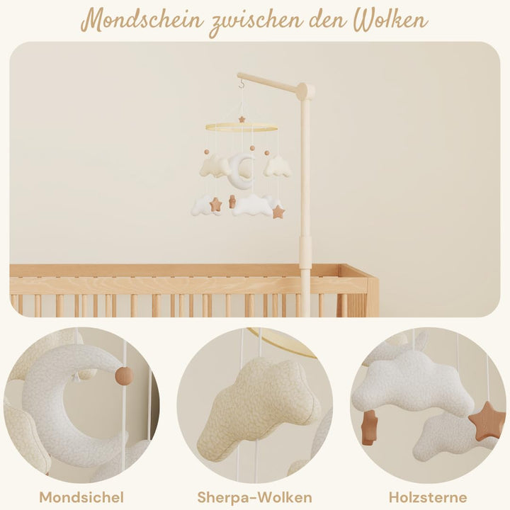 Baby Mobile für Babybett, Kuschelmond Filz Mobile Baby mit weichen Teddy-Elementen, handgemachtes Mo