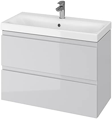 VBChome Badmöbel 80 cm Slim Grau mit Armatur und Pop-up ventil Waschbecken mit Unterschrank Waschtis