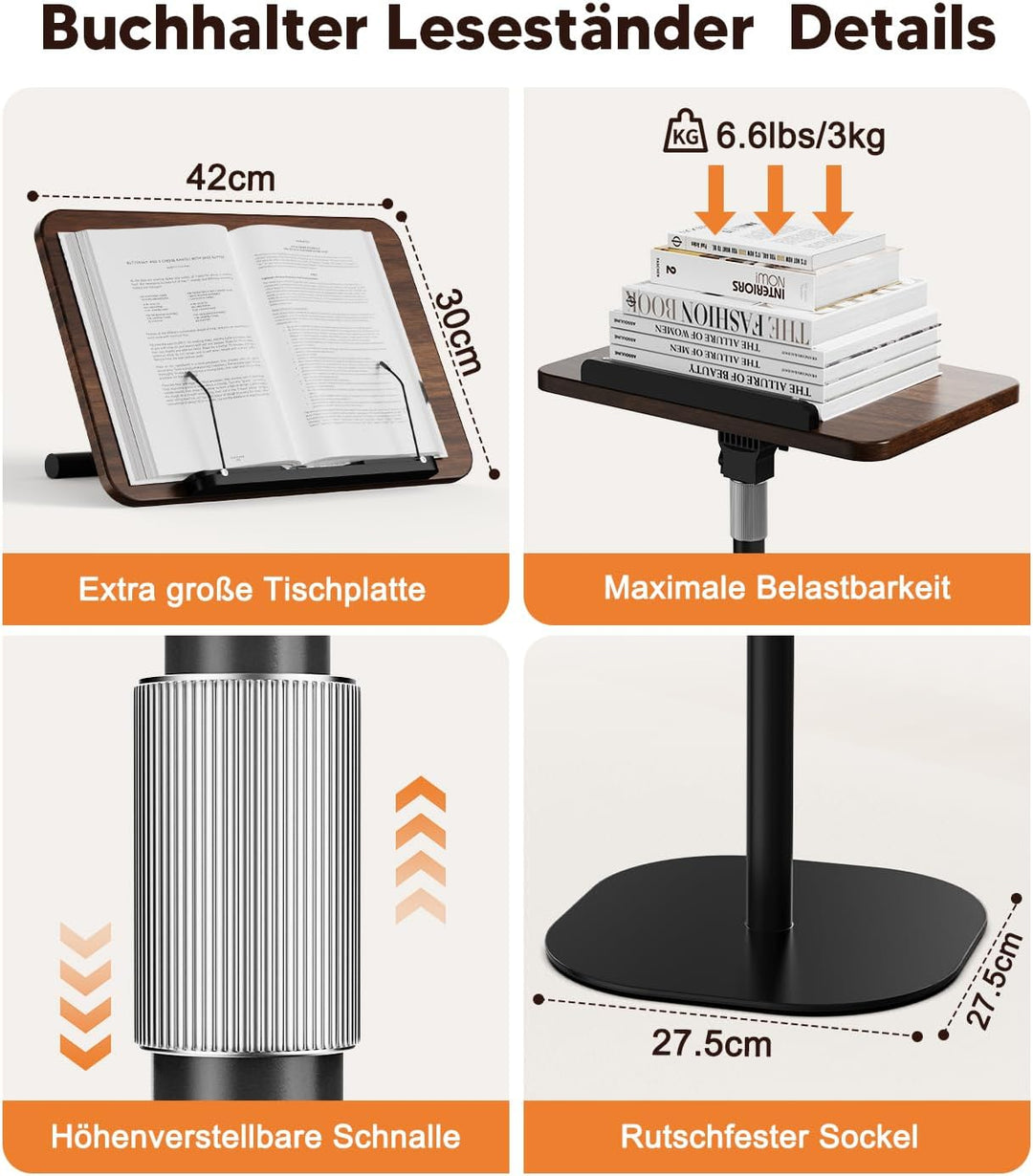 TURNRISE 2 in 1 Buchständer Book Stand Höhenverstellbarer Buchhalter für Boden/Tisch mit XXL-Platte
