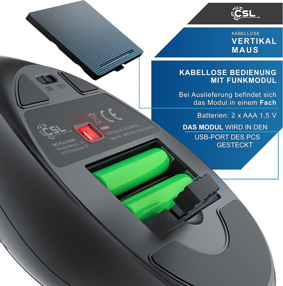 CSL - kabellose Maus Vertikal Funk 2.4 GHz - Neues Modell - USB Vertical Mouse – ergonomisches Desig