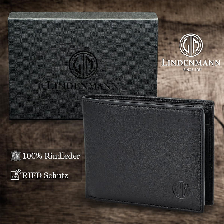 LINDENMANN Geldbörse Herren Portemonnaie Herren Leder, Rindleder matt, schwarz