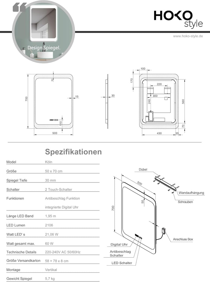 HOKO® LED Badspiegel 50x70 cm KÖLN mit Beschlagfrei und Digitaluhr. Design Wandspiegel fürs Bad. Die