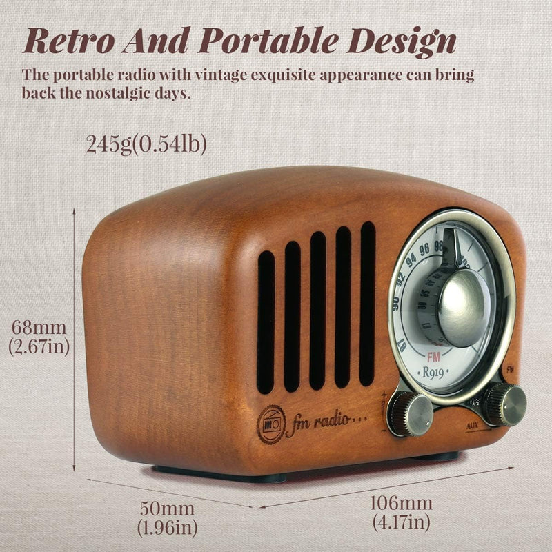 PRUNUS J-919 UKW FM Klassisches-Holz Retro Radio Klein, Tragbares Radio mit Bluetooth Lautsprecher,