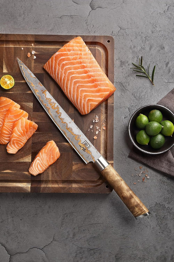 zayiko MysticMagma Damastmesser für Sashimi I Messer mit 25 cm Klinge gefertigt aus 67 Lagen Damasts
