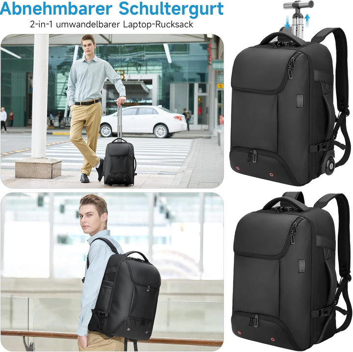 Reiserucksack mit rollen,17 Zoll Laptop trolley rucksack, Wasserfester Handgepäck-Rucksack mit USB-C