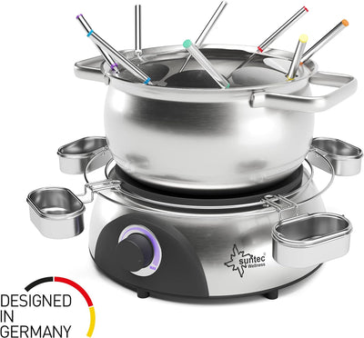 SUNTEC Fondue elektrisch für bis zu 8 Personen – Set mit Gabeln + Spritzschutz + Saucen Halterung –