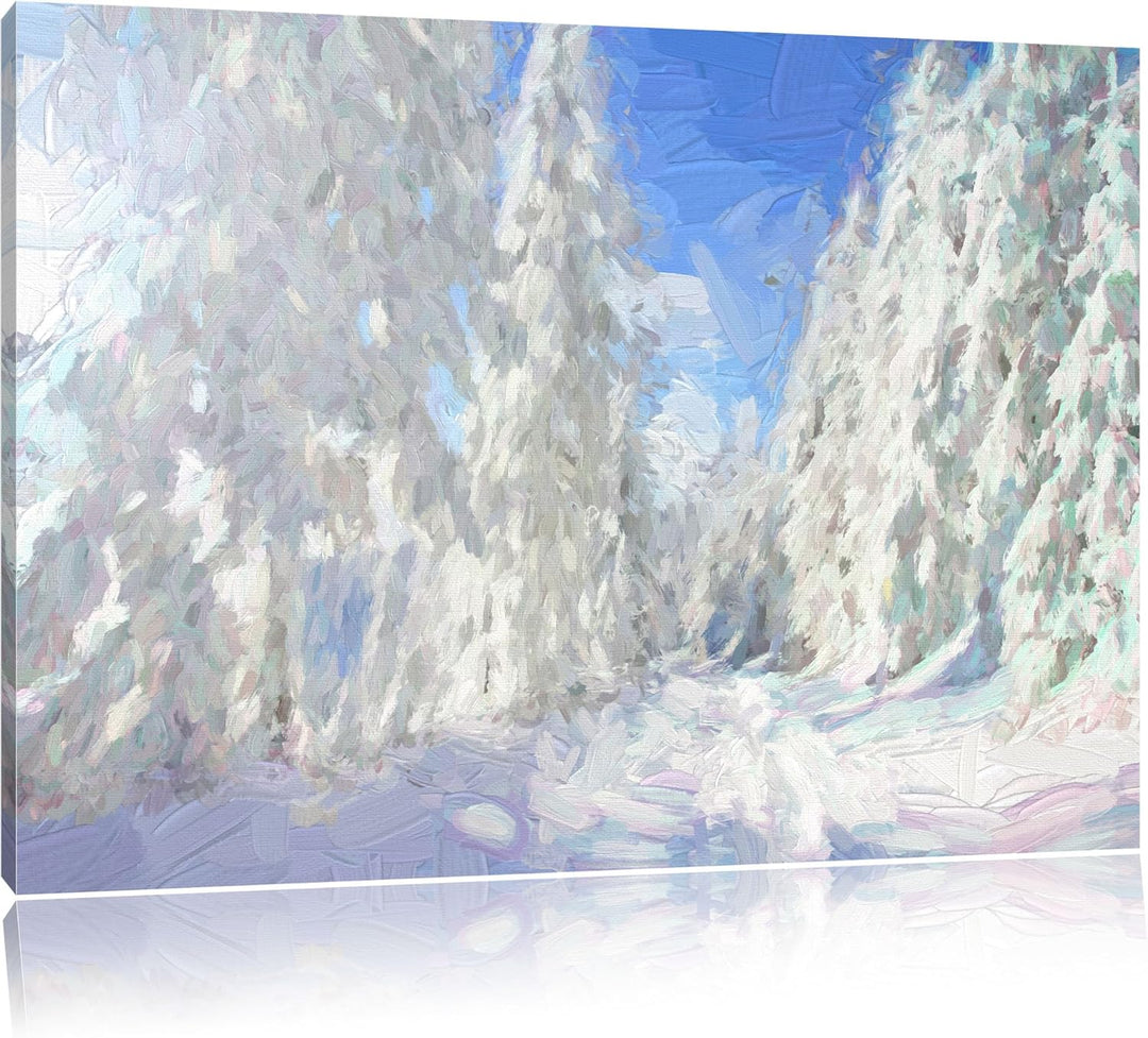 Pixxprint Winterlandschaft mit Bäumen Pinsel Effekt, Format: 100x70 auf Leinwand, riesige Bilder fer