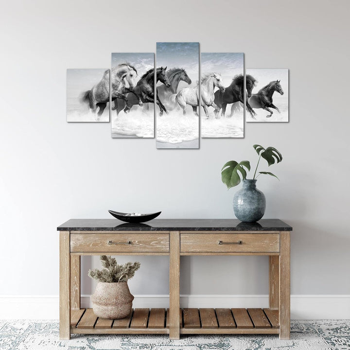 Runa Art Wandbilder Pferde 5 Teilig Bild auf Vlies Leinwand Deko Wohnzimmer Schlafzimmer Tiere Schwa