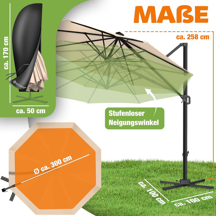 KESSER® Sonnenschirm Ampelschirm SUN Rund XL Ø330 cm Inkl. Abdeckung + Windsicherung 7-Fach Verstell