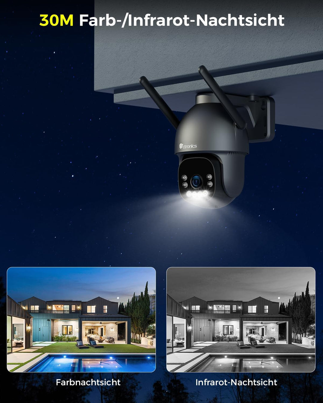 Ctronics 4K WLAN Überwachungskamera für den Aussenbereich, PTZ-Kamera mit 8MP Farbnachtsicht, 2,4/5G