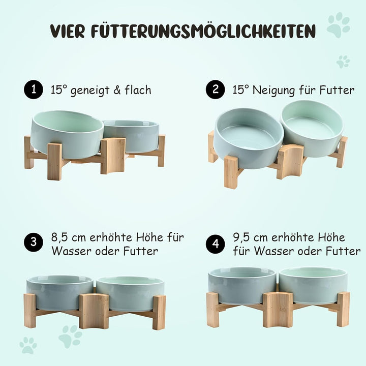 SPUNKYJUNKY 15° Kippbare Keramik Hundenapf mit Holzständer Futter und Wassernapf rutschfest für Hund