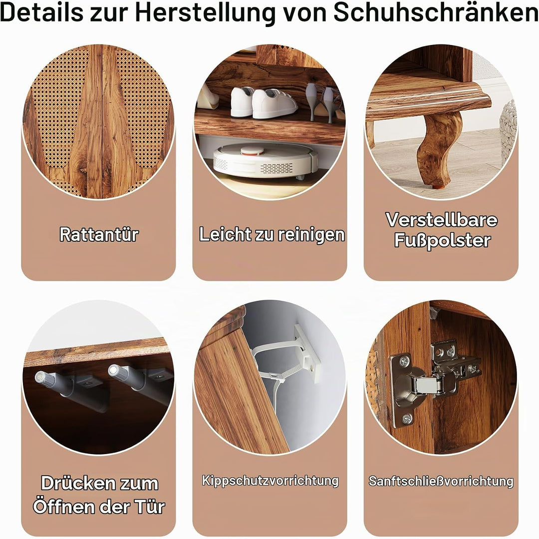 Tribesigns Rattan-Schuhschrank mit 2 Türen, 75x 37x 110cm, Schuhkipper schmal,7-stöckig Schuhregal f