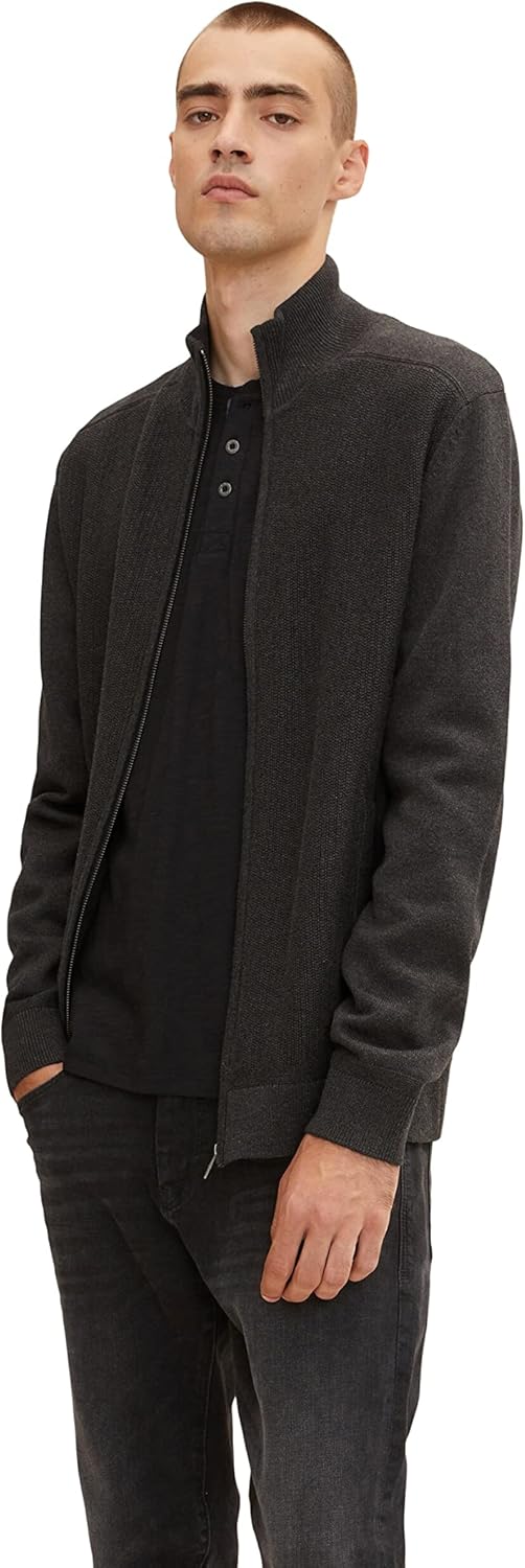 TOM TAILOR Herren Organic Cotton Cardigan with Stand-Up Collar S 10617 - Black Grey Melange, S 10617