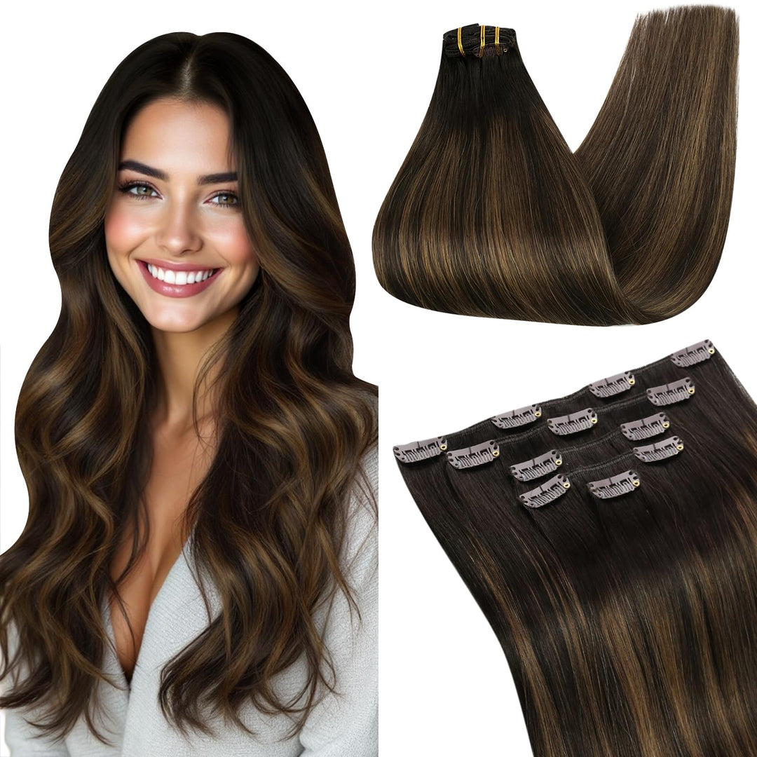 Ugeat Extensions Haare Echthaar Clips 30cm Clip in Extensions Echthaar Balayage Dunkelstes Braun mit
