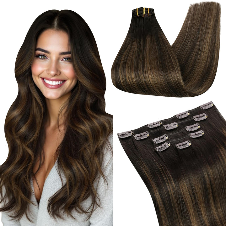 Ugeat Extensions Haare Echthaar Clips 30cm Clip in Extensions Echthaar Balayage Dunkelstes Braun mit