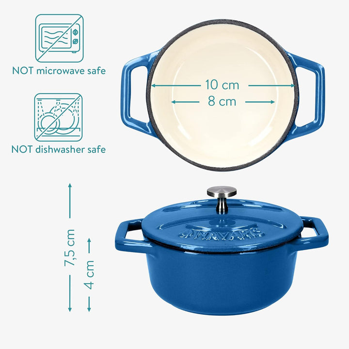Navaris Mini Cocotte Set - 4x Gusseisen Mini Topf Blau - Optimale Wärme Distribution - Mini Auflauff