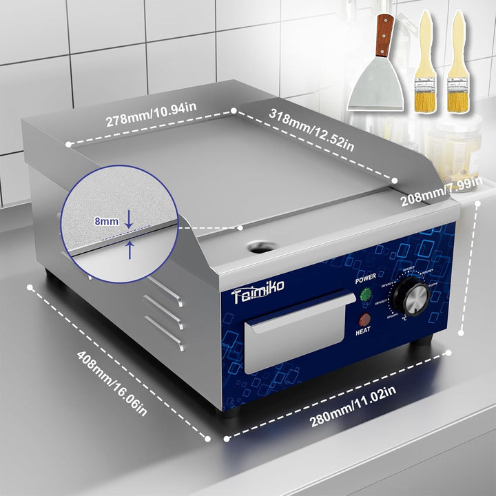 TAIMIKO Elektrische Grillplatte glatt 1700 W Elektro-Grillplatte Edelstahl Gusseisen Gastro Griddlep
