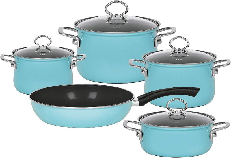 Riess, 0558-037, Emaille-Set, Kochtopf-Set, NOUVELLE KRISTALLBLAU, 5-teilig, Fleischtopf 16 cm, 20 c