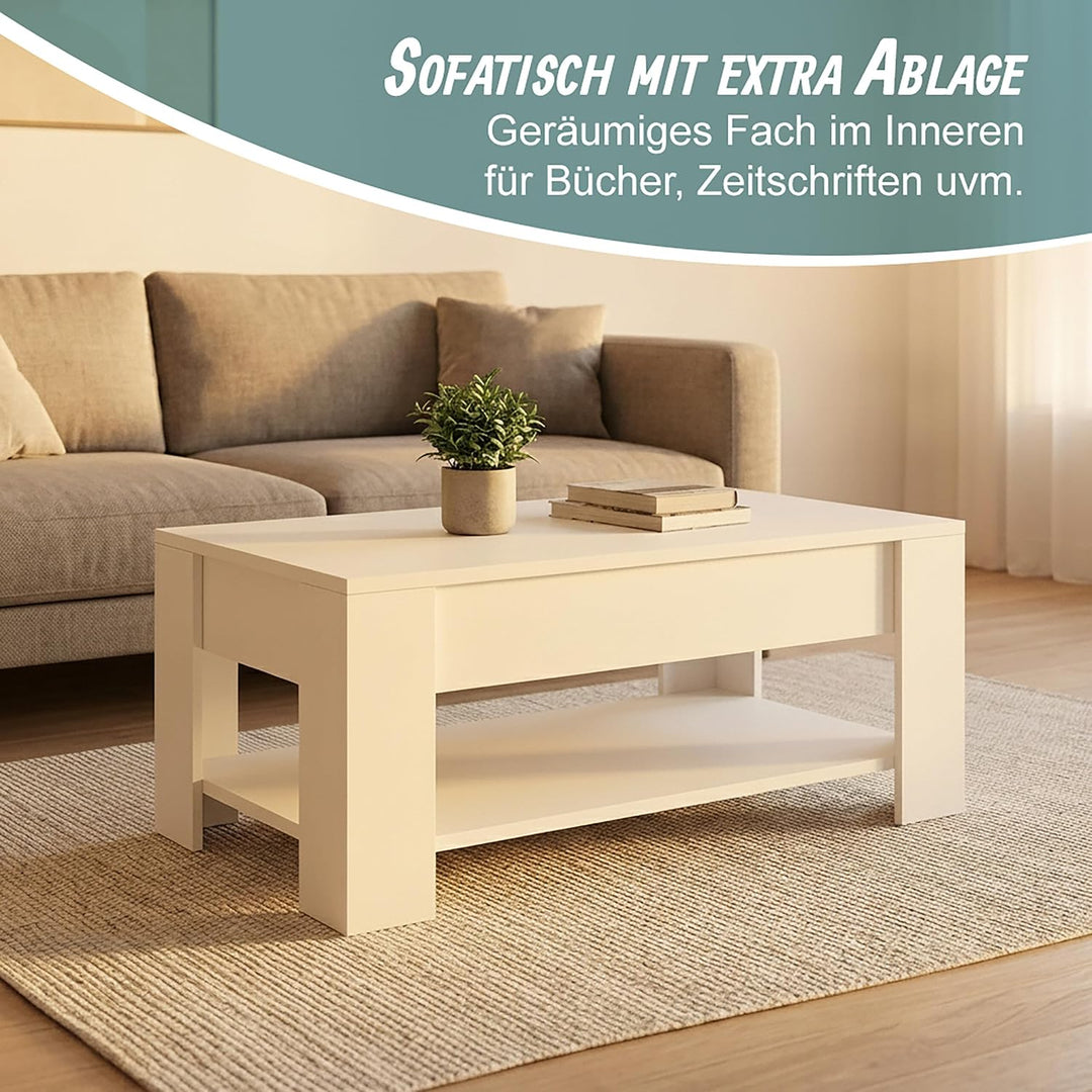 Relaxdays Couchtisch aufklappbar, HBT: 42x98x50 cm, Wohnzimmertisch mit Stauraum, zusätzliche Ablage