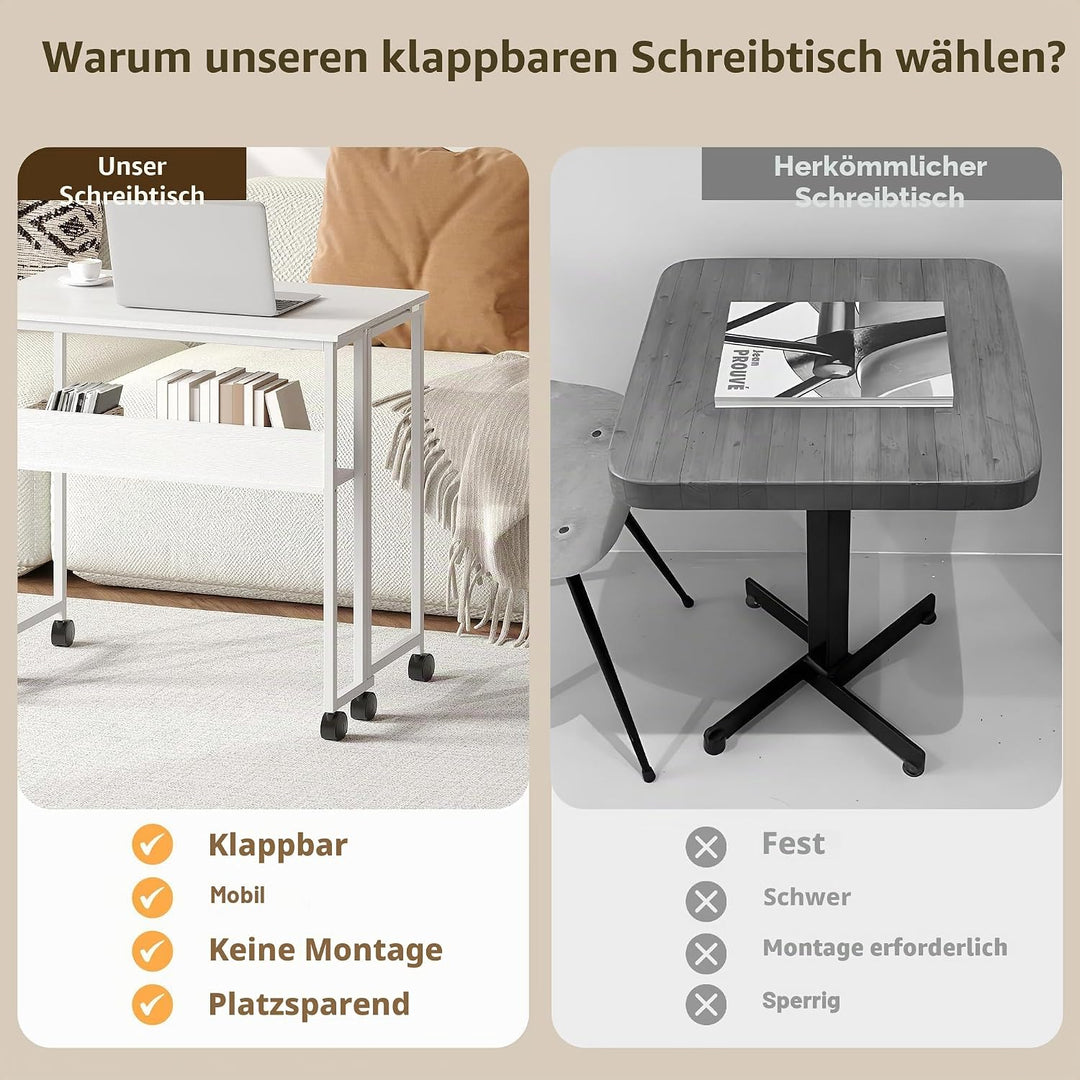 Garvee Klapptisch mit Rollen, 80x50x75 cm (Gesamthöhe), 31.5 Zoll Arbeitsplatz Tisch aus Sperrholz &amp;