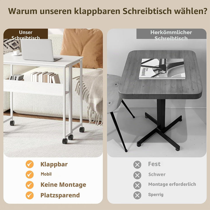 Garvee Klapptisch mit Rollen, 80x50x75 cm (Gesamthöhe), 31.5 Zoll Arbeitsplatz Tisch aus Sperrholz &amp;