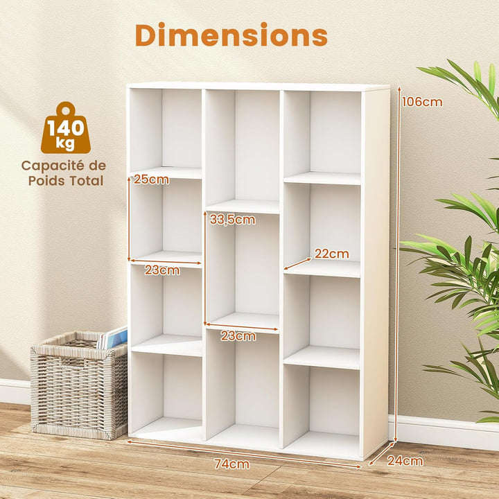 GIANTEX Bücherregal mit 11 Fächern, Standregal mit 2 Anti-Kipp-Kits, Aufbewahrungsregal aus Holz, 74