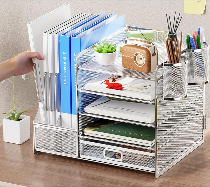 Marbrasse Schreibtisch Organizer mit Aktenhalter, 5 Ebenen Papier Briefablage mit Schublade und 2 St