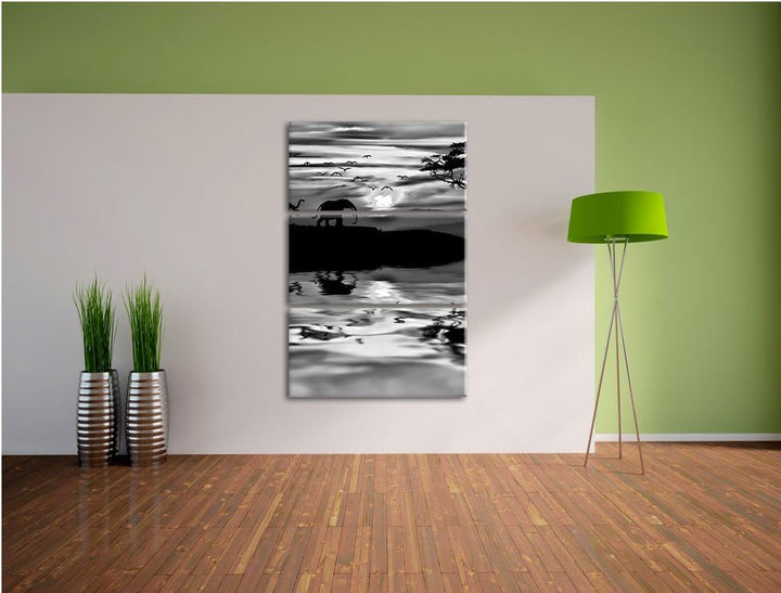 Pixxprint Elefanten in Afrikanischer Steppe als Leinwandbild/Grösse: 3 Teilig (120x80) cm/Wandbild/K