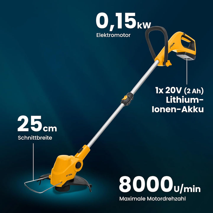 STIGA Rasentrimmer GT 100e Akku-Kit, Für die Gartenpflege, Schnittbreite 25 cm, 20 V (2 Ah) ePower A