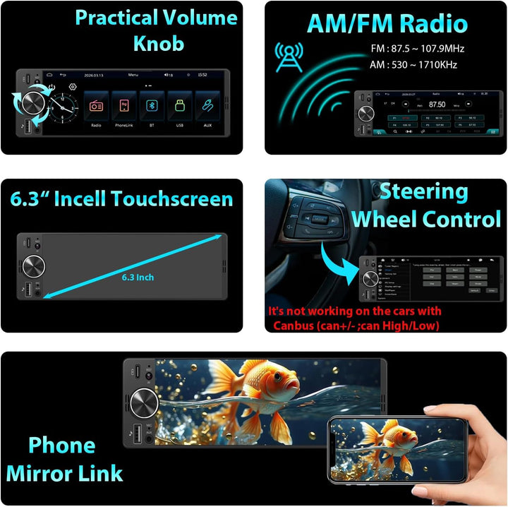 Autoradio 1DIN Mit Bildschirm (6,3") Kompatibel Mit Apple CarPlay [Wireless] Android Auto Bluetooth