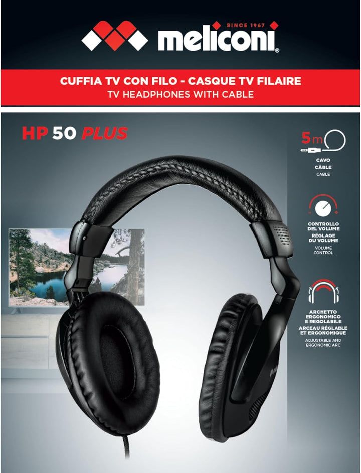 Meliconi | HP 50 Plus - Kopfhörer mit Audiokabel 5 m (3,5-mm-Klinkenstecker) ideal für TV