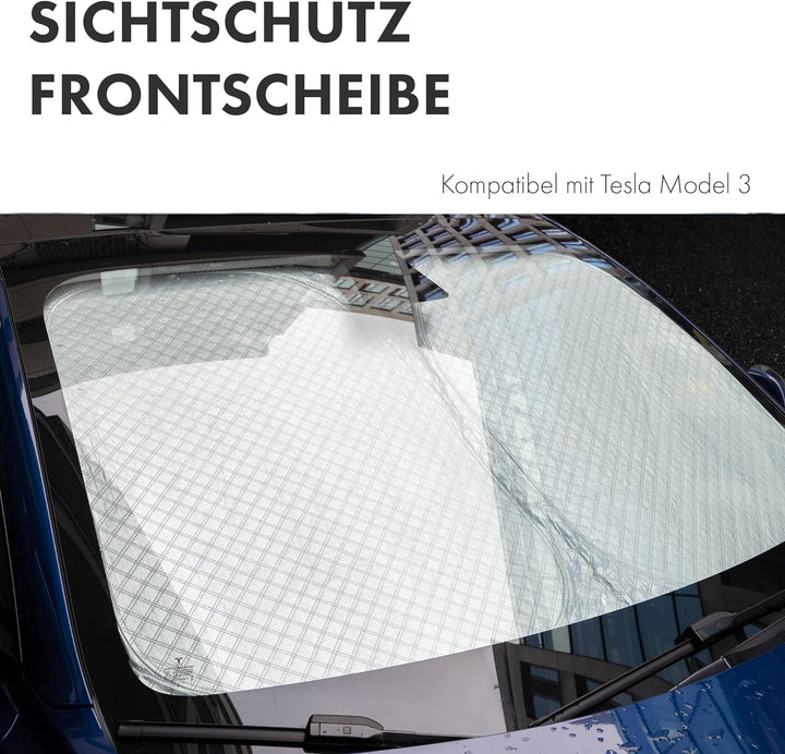 Shop4EV Windschutzscheiben Sonnenschutz Kompatibel mit Tesla Model 3 Sichtschutz Frontscheibe Lichtu