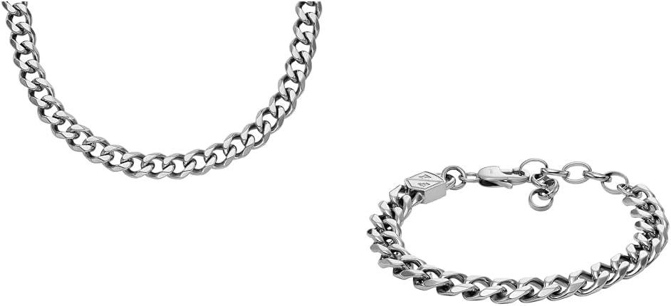 Fossil Herren-Halskette und -Armband Schmuck, silberfarbener Edelstahl, Set