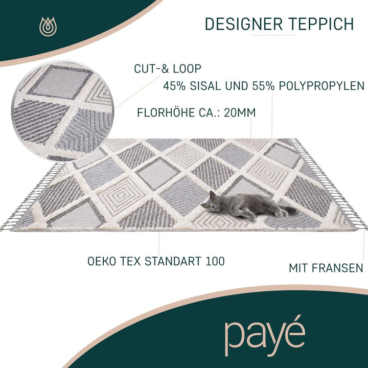 payé Teppich Wohnzimmer - Raute Muster - 160x230cm Creme Grau Blau - Fransen Deko Boho Flauschig - C