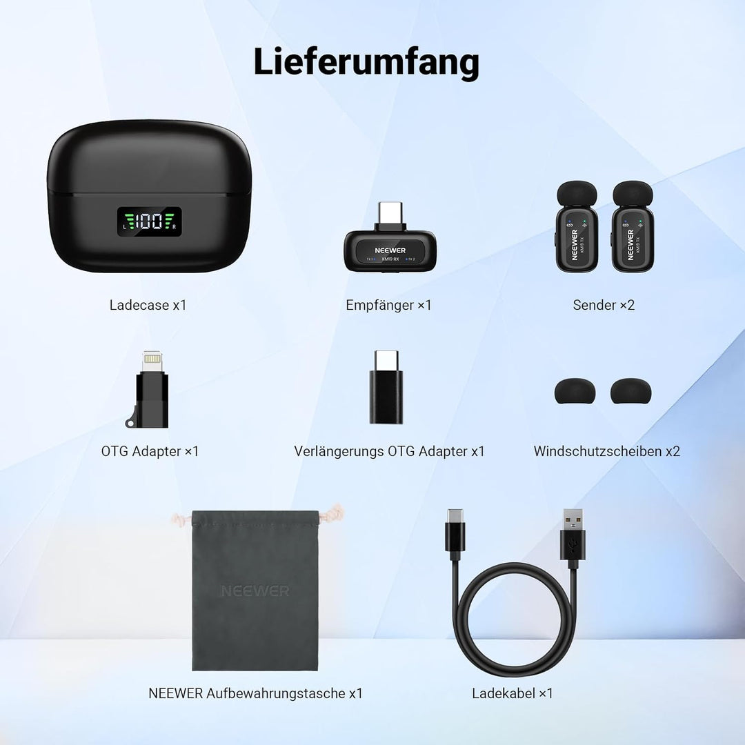 NEEWER KM19 drahtloses Lavalier Mikrofon, 48kHz/24 Bit, 30h Akkulaufzeit, 3 stufige Geräuschunterdrü