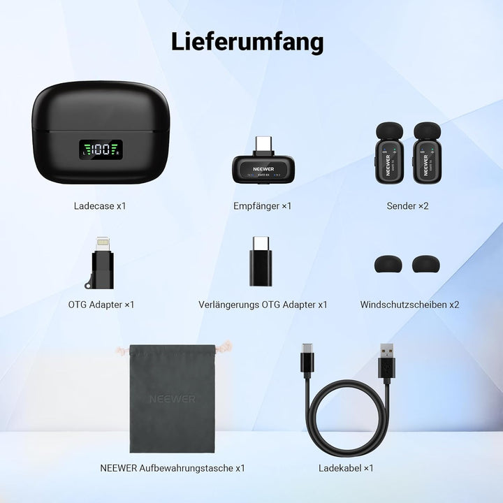 NEEWER KM19 drahtloses Lavalier Mikrofon, 48kHz/24 Bit, 30h Akkulaufzeit, 3 stufige Geräuschunterdrü