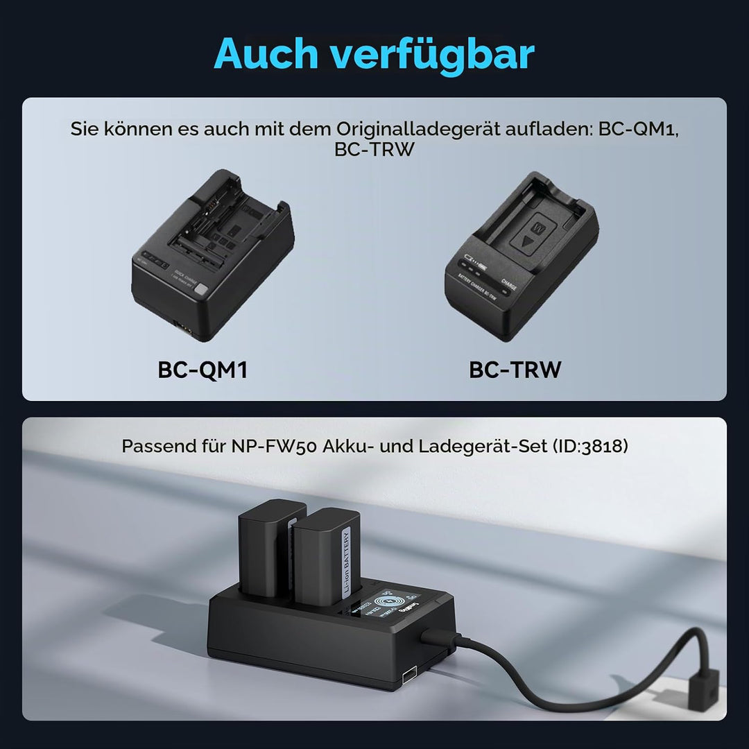 SMALLRIG NP-FW50 Ersatzbatterien (2 Stück) &amp; LCD Display Ladegerät Set, Wiederaufladbarer Akku für S