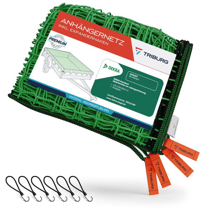 TRIBURG Anhängernetz 1,6x3 inkl. 6X Expander Haken - Anhänger Netz mit Eckmarkierungen und Randverst