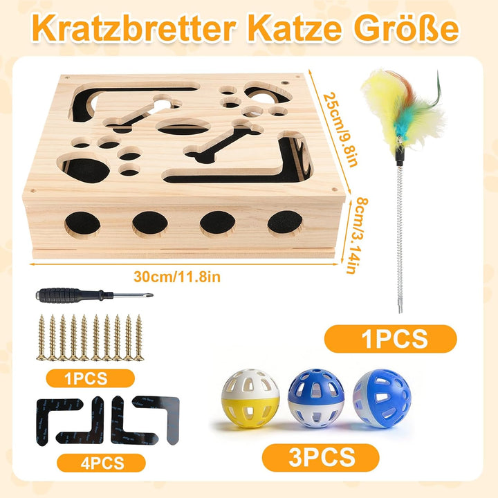 2-in-1 Kratzpuzzle Katzen Set, Katzen Kratzbrett mit Sandpapier, 3 Glockenbällen， Feder und 4 Antiru
