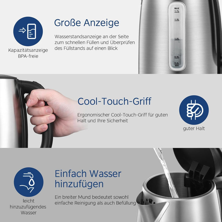 Midea Wasserkocher Edelstahl 1.7L, BPA-freier Wasserkocher, 2200W Schnellkochfunktion, Kettle mit Wa